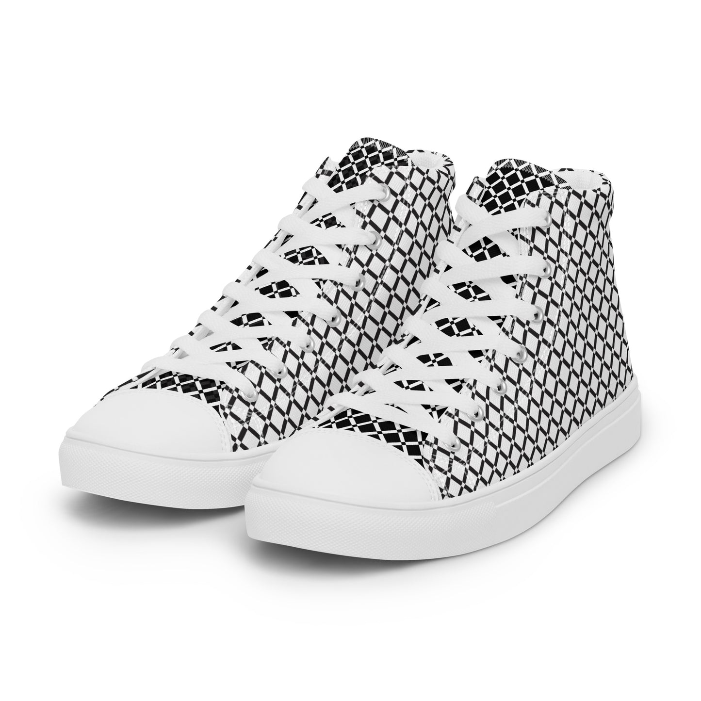 Women's black and white micro grid high-top sneakers with white laces toe caps and soles