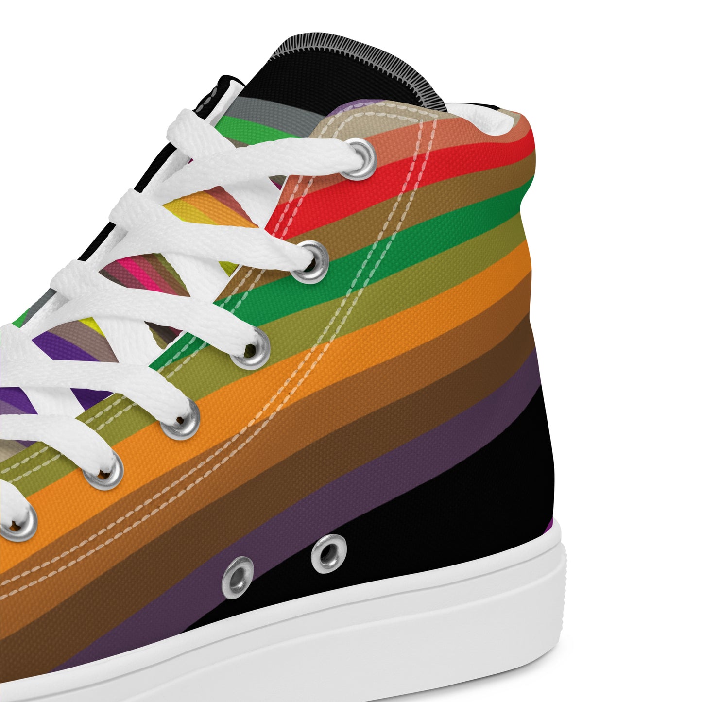 colorful women’s canvas high-top sneakers with curved stripe wave design and white toe cap