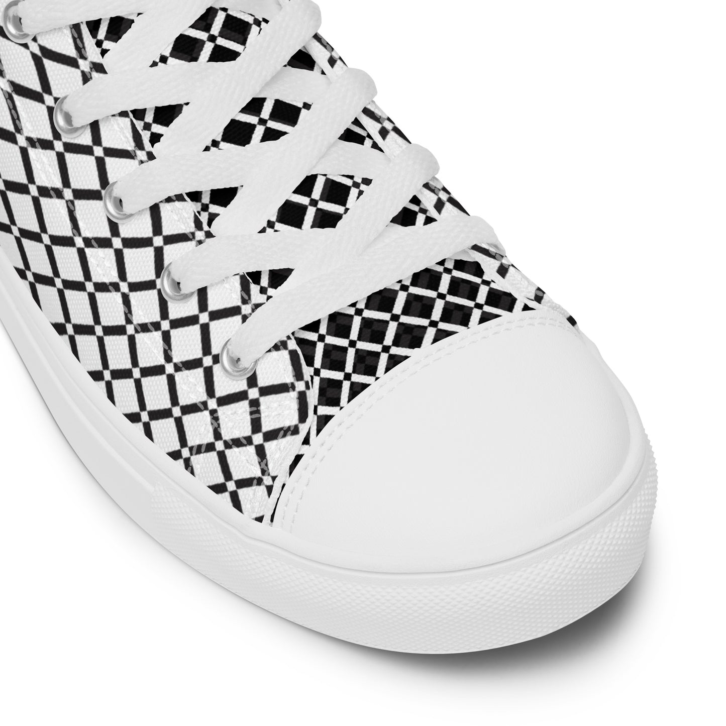Close-up of women's white high-top sneaker with dense black micro grid pattern and white laces
