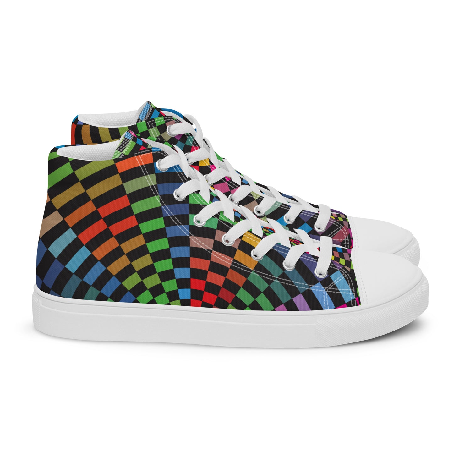 Women’s athletic shoes with curved rainbow tile pattern and white sole, angled side view