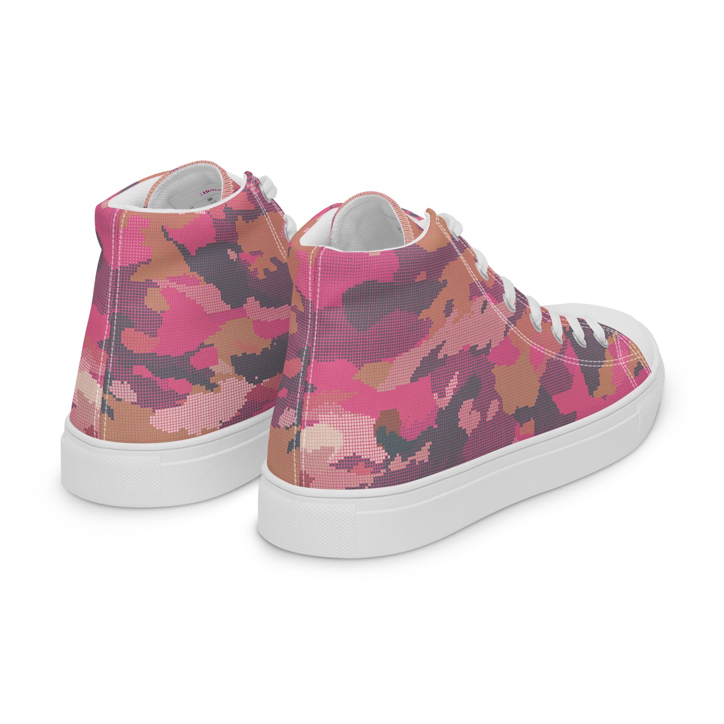Women’s pink camo high-top sneakers with white sole and white laces, angled front pair view