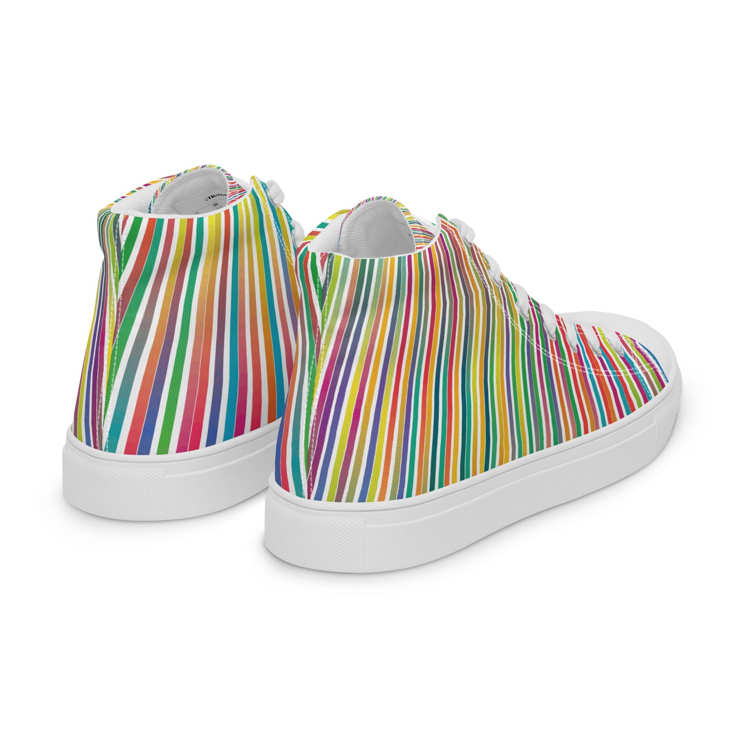 Rear side view of women’s high-top canvas sneakers with white sole and dense multicolor vertical stripe pattern