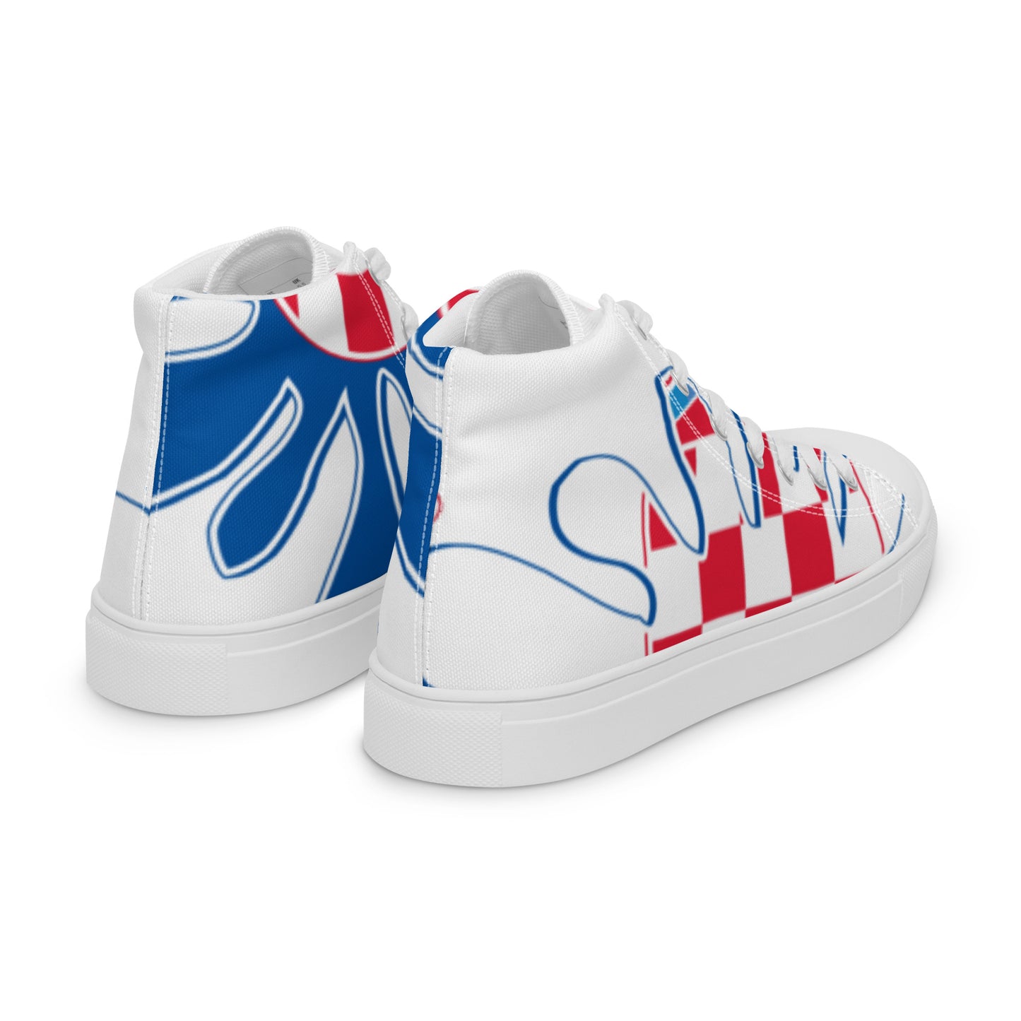 close-up of Croatian red white checkered pattern on women’s high-top canvas shoes
