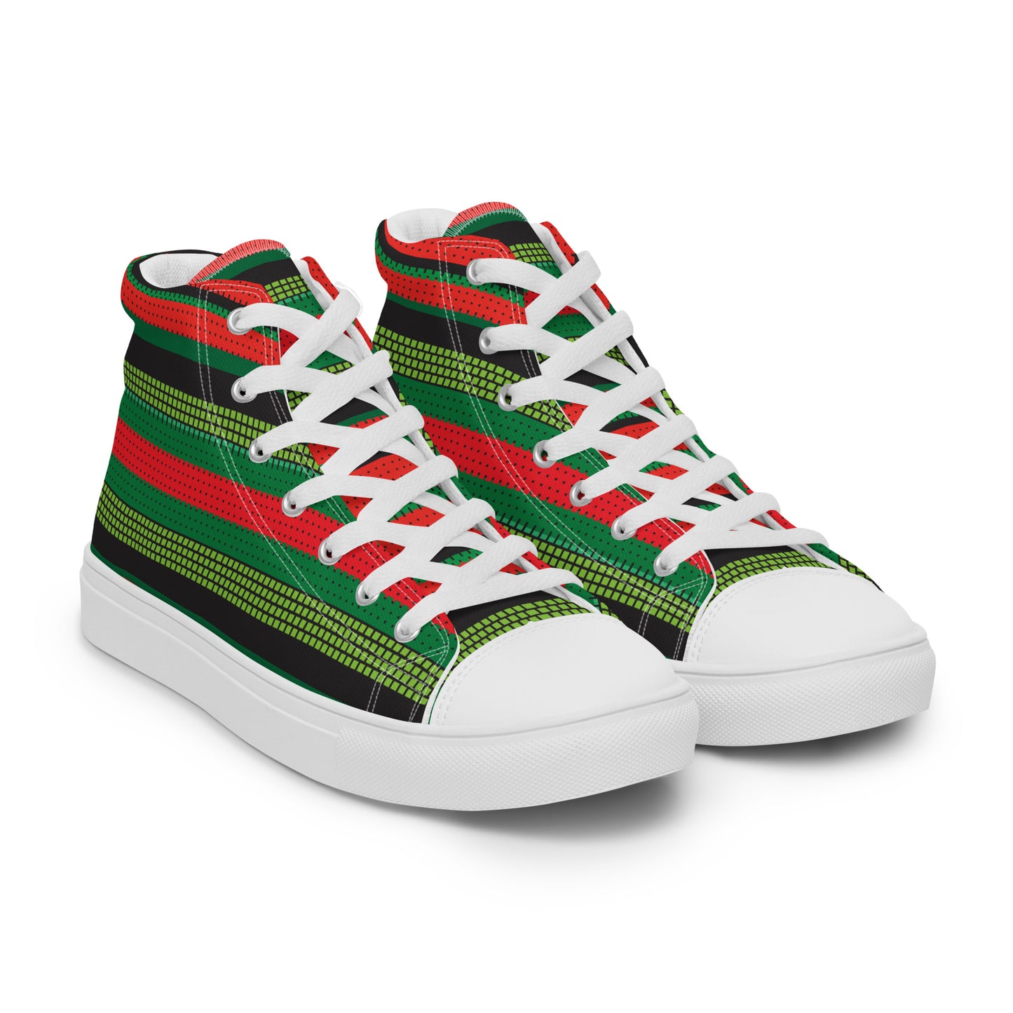 Women’s high-top canvas sneakers with white sole in red, green, and black festive stripe pattern