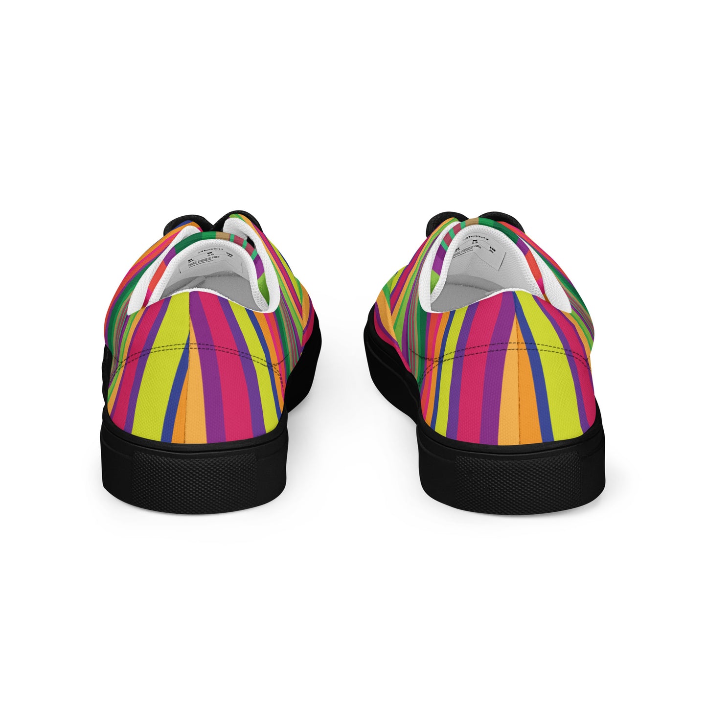Back view of women’s lace-up canvas shoes with white sole and vivid multicolor striped pattern