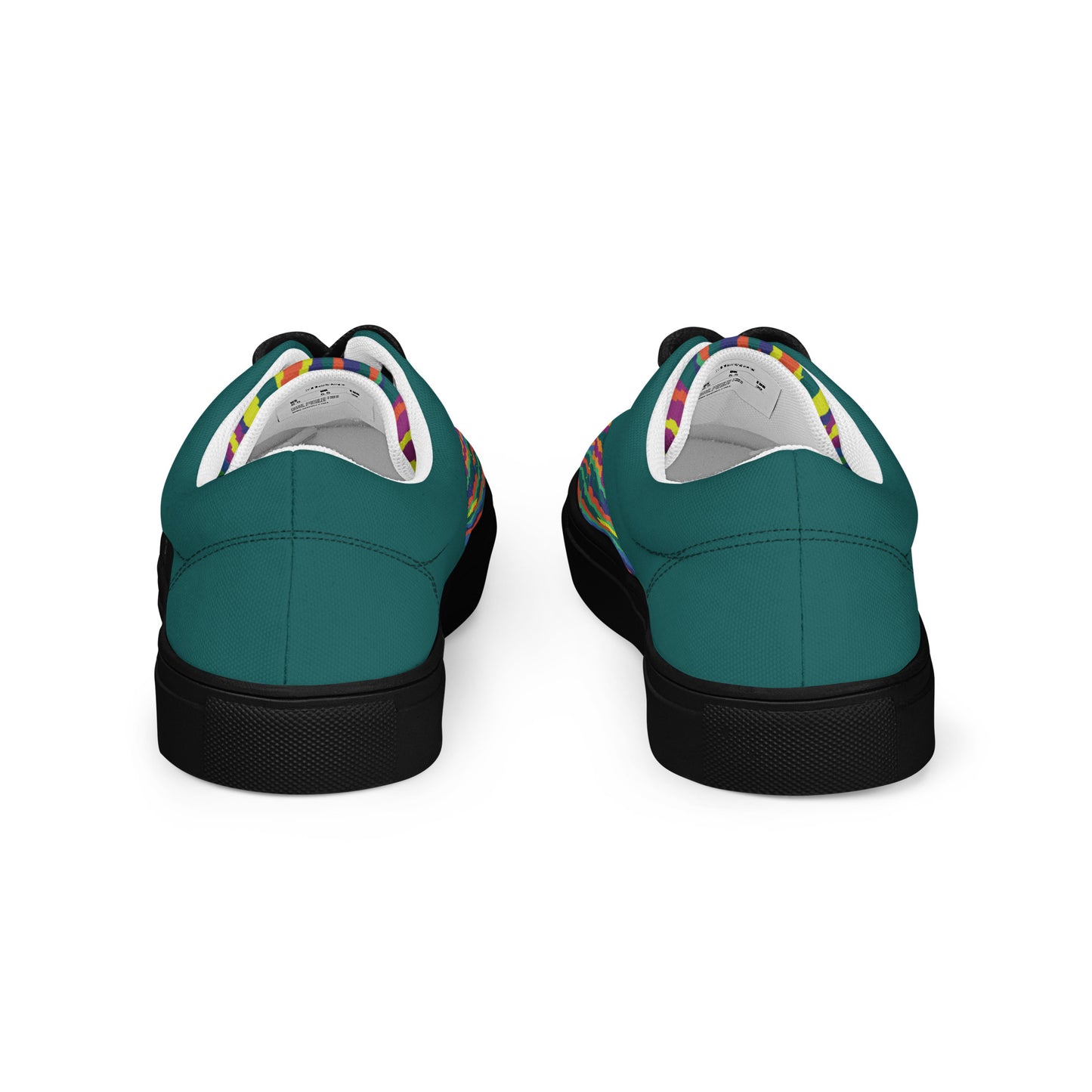 Back view of women’s lace-up canvas shoes with teal heel panels and black sole