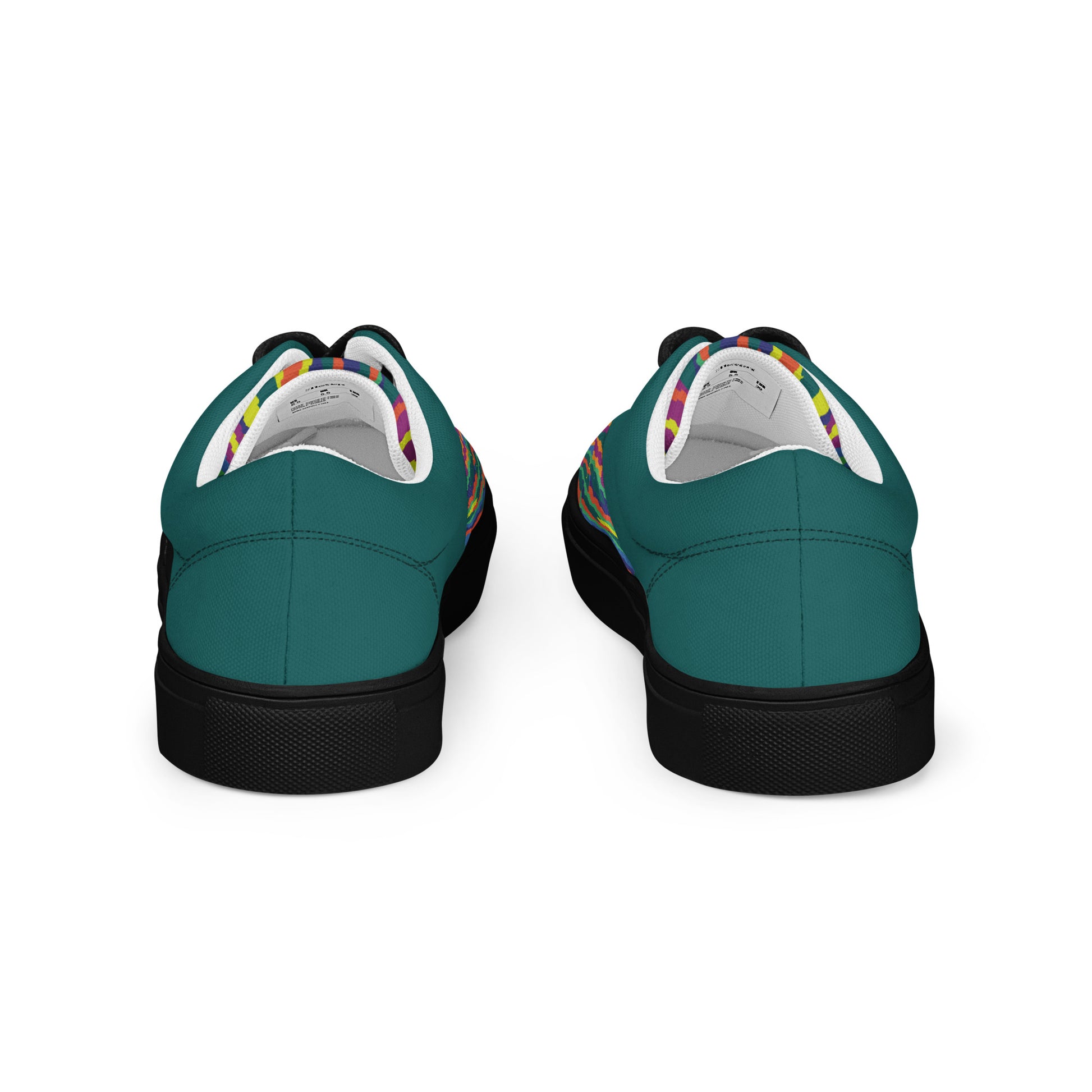 Back view of women’s lace-up canvas shoes with teal heel panels and black sole