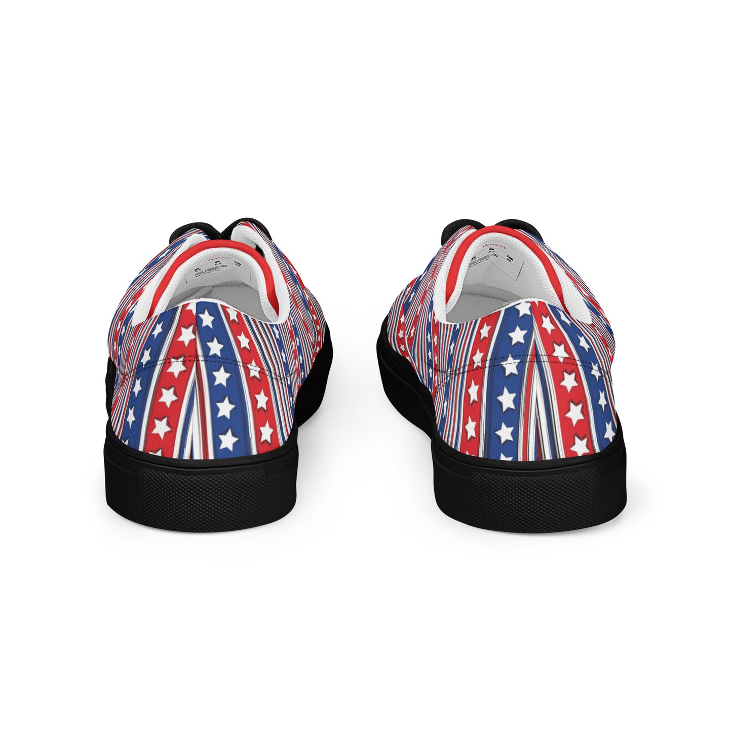 Back view of American star stripe women's lace-up canvas shoes with vertical red white blue star pattern and black sole