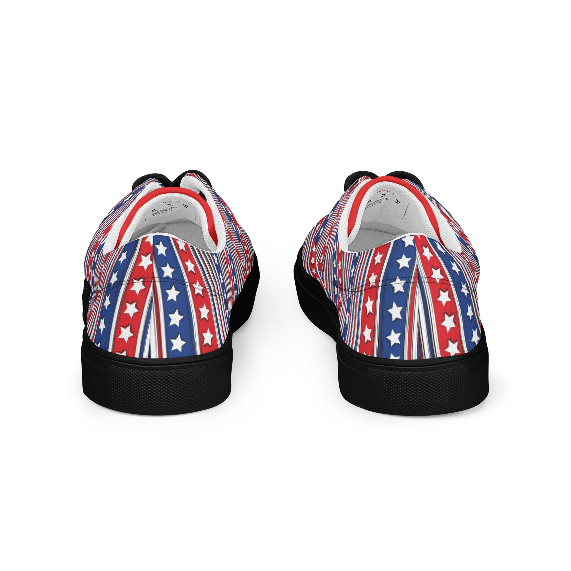 Back view of American star stripe women's lace-up canvas shoes with vertical red white blue star pattern and black sole
