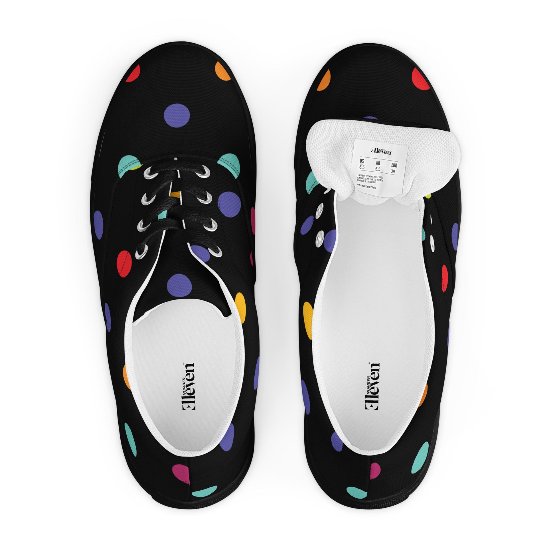 Top view women lace-up canvas shoes with colorful dots and black canvas