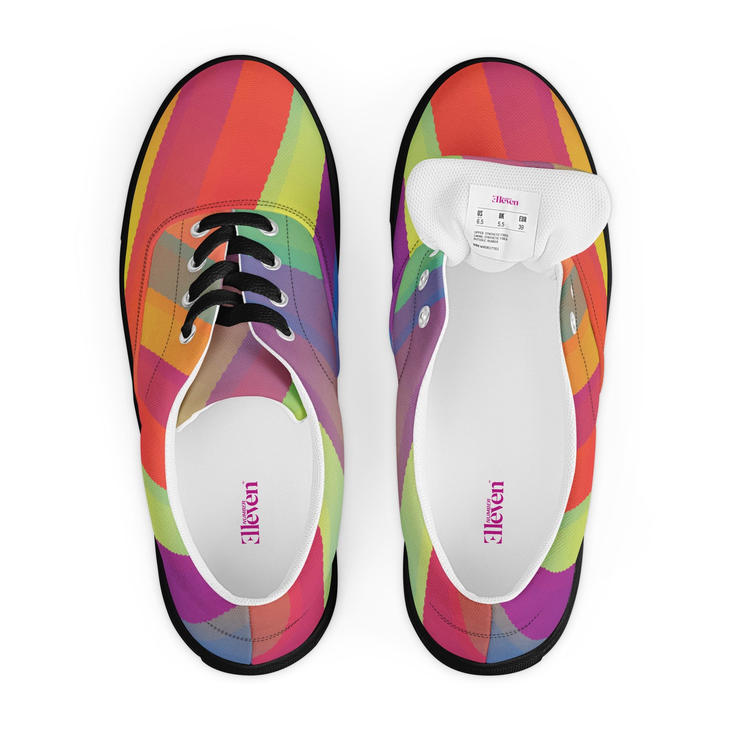 Top view of women’s lace-up canvas shoes in a bright multicolor ribbon stripe pattern with black laces and black trim
