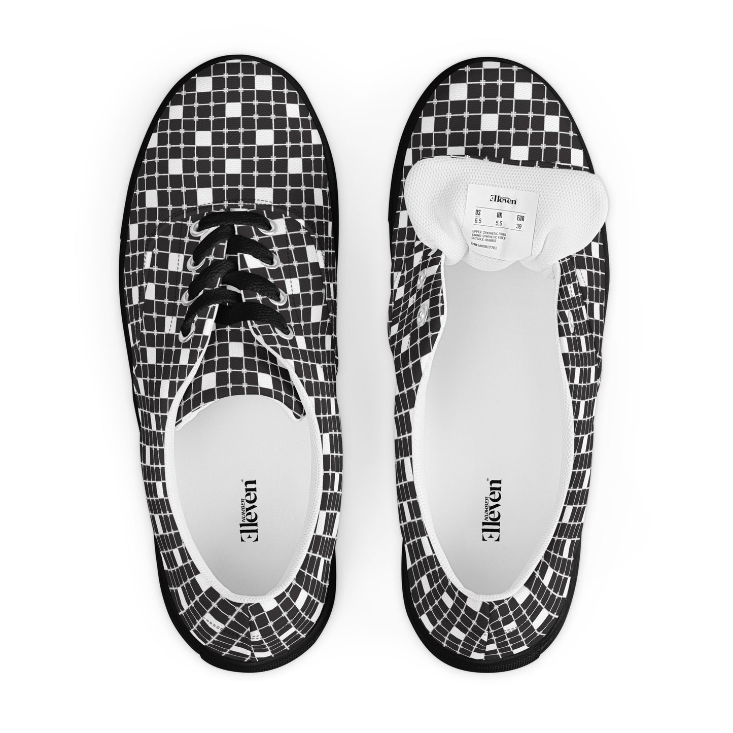 Top view of women’s lace-up canvas shoes with black-and-white geometric grid pattern and black laces