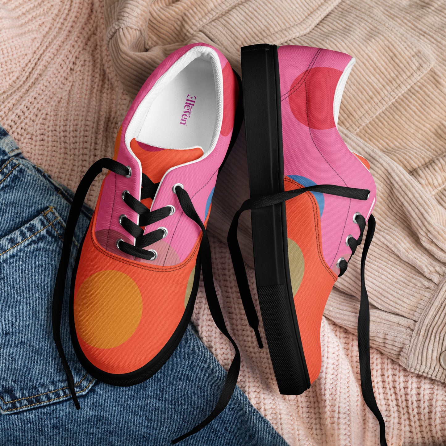 women’s casual lace-up shoes with oversized polka dot pattern in orange, lilac, olive, and pink tones