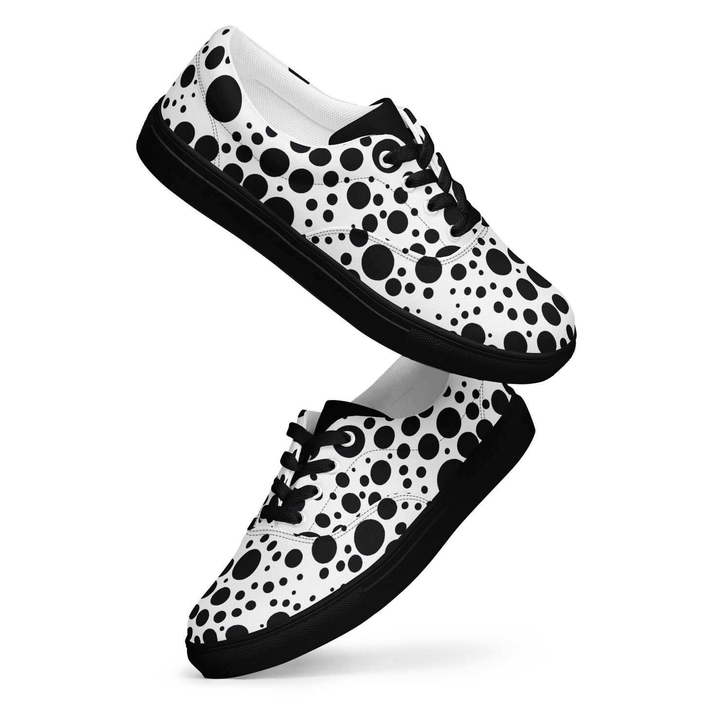 women’s lace-up canvas shoes with black and white polka dot pattern and black sole