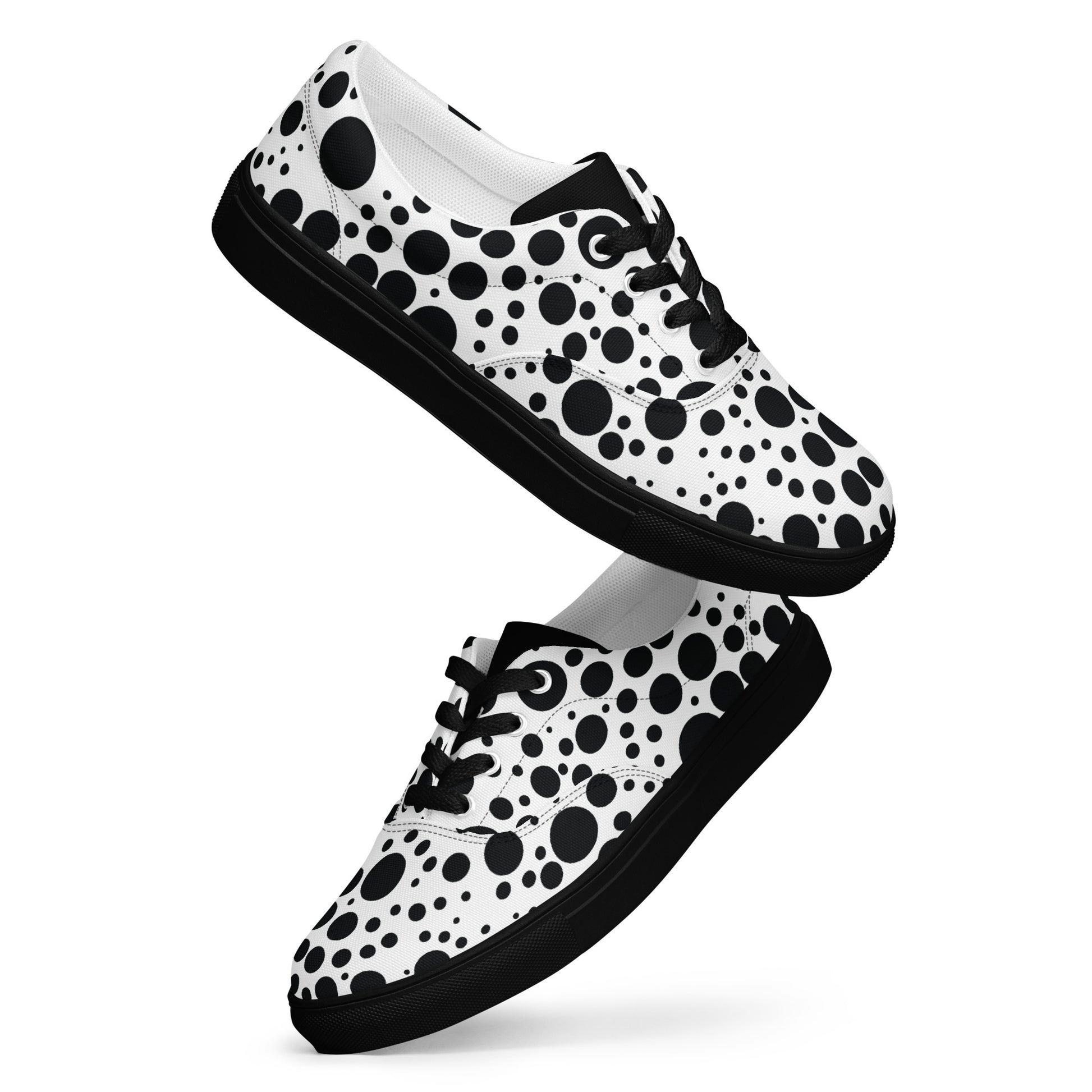 women’s lace-up canvas shoes with black and white polka dot pattern and black sole