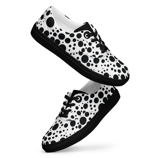 women’s lace-up canvas shoes with black and white polka dot pattern and black sole