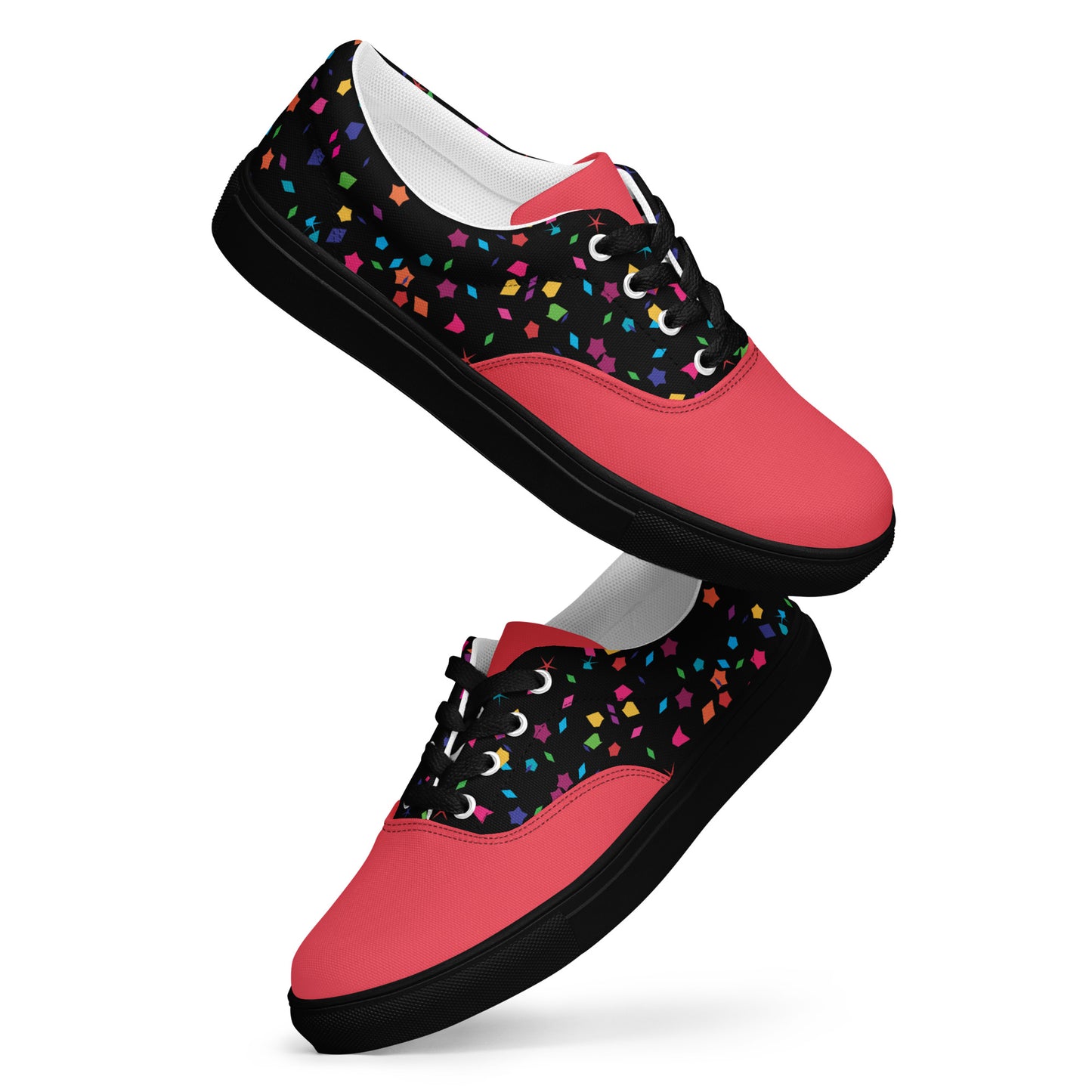 Floating women’s lace-up canvas shoes with coral toe and black confetti upper, black sole version