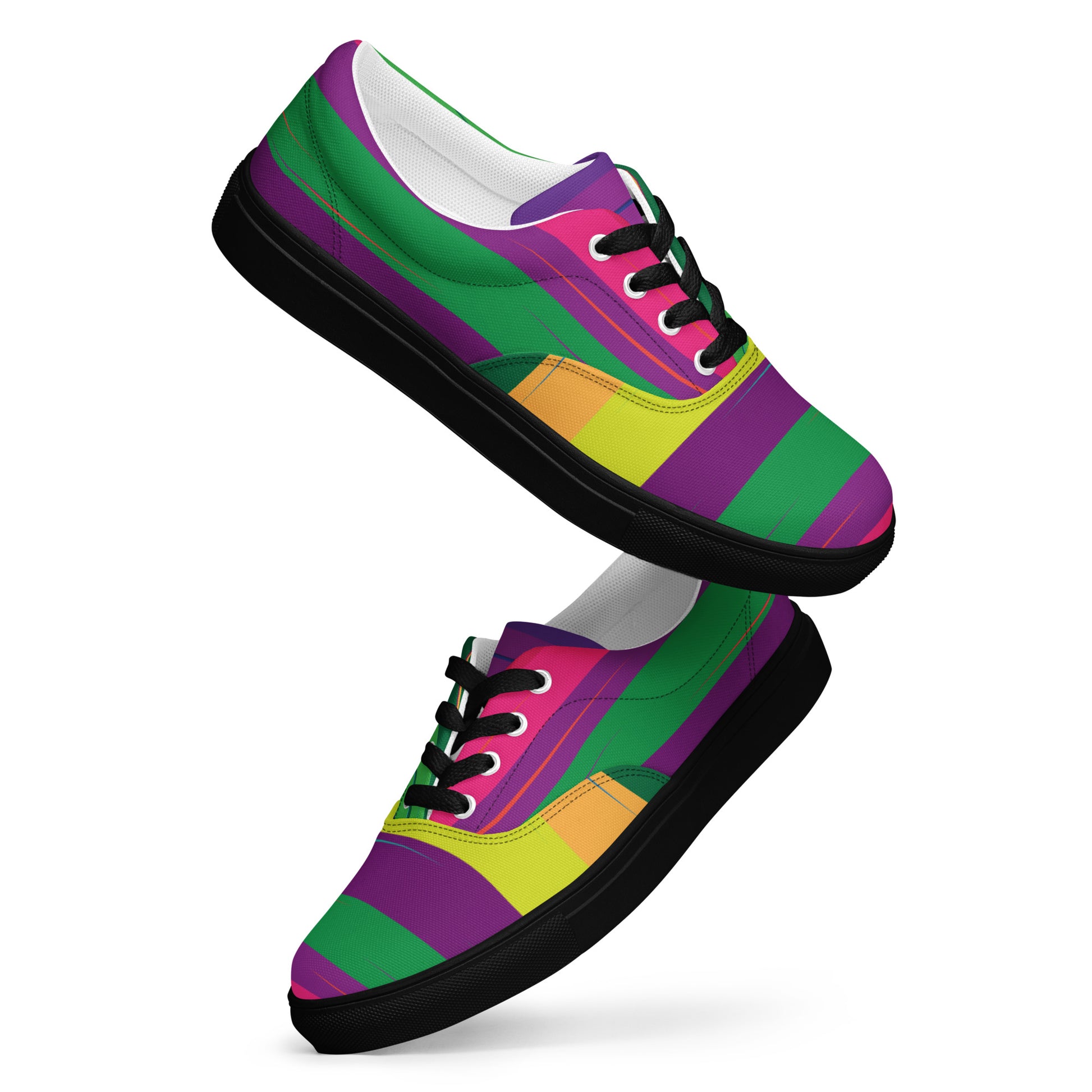 Women’s lace-up canvas shoes with curved multicolor stripe design, black laces, and black sole floating side view