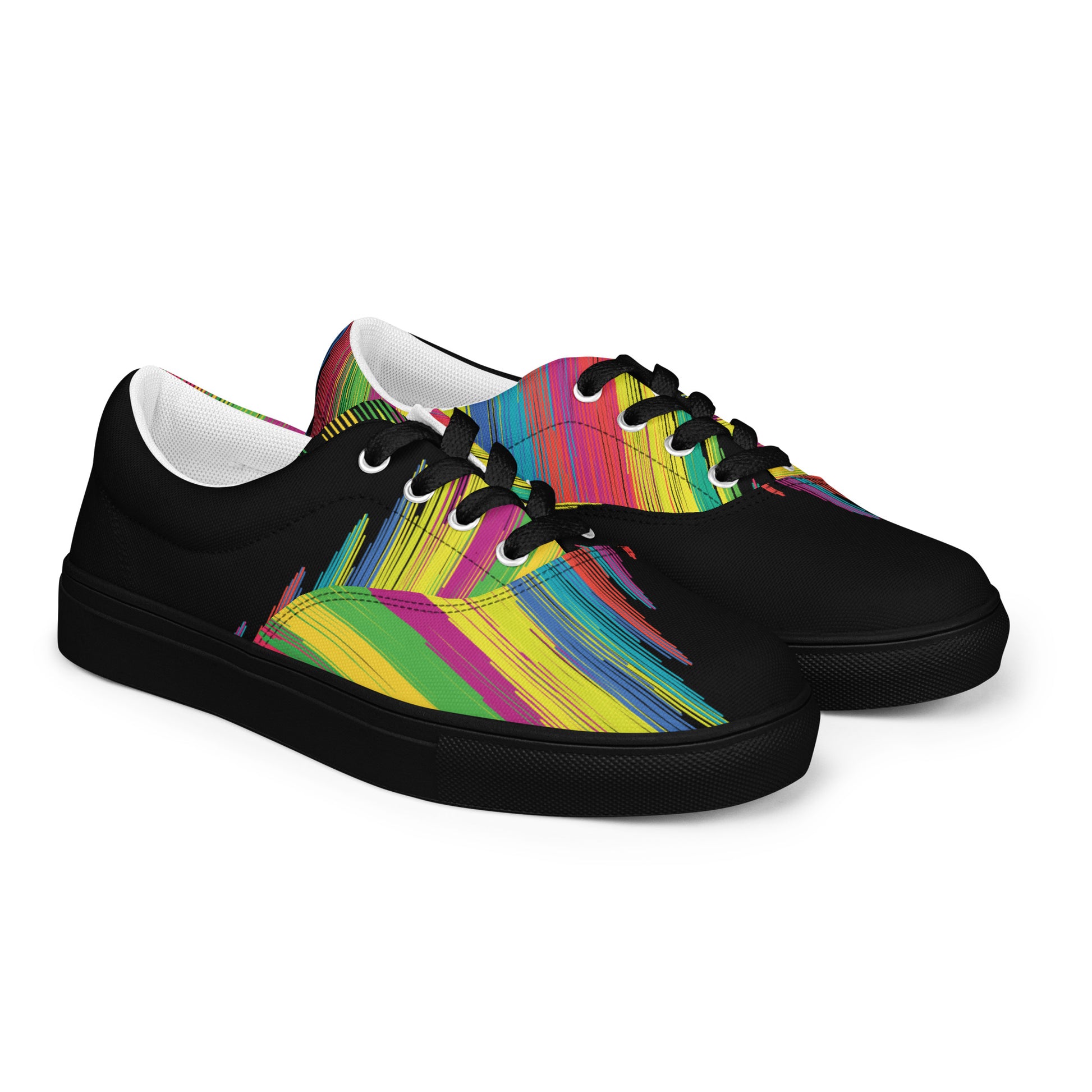 Alt text — slika 1
women’s lace-up canvas shoes with black base and multicolor abstract brushstroke design, black sole pair front view
