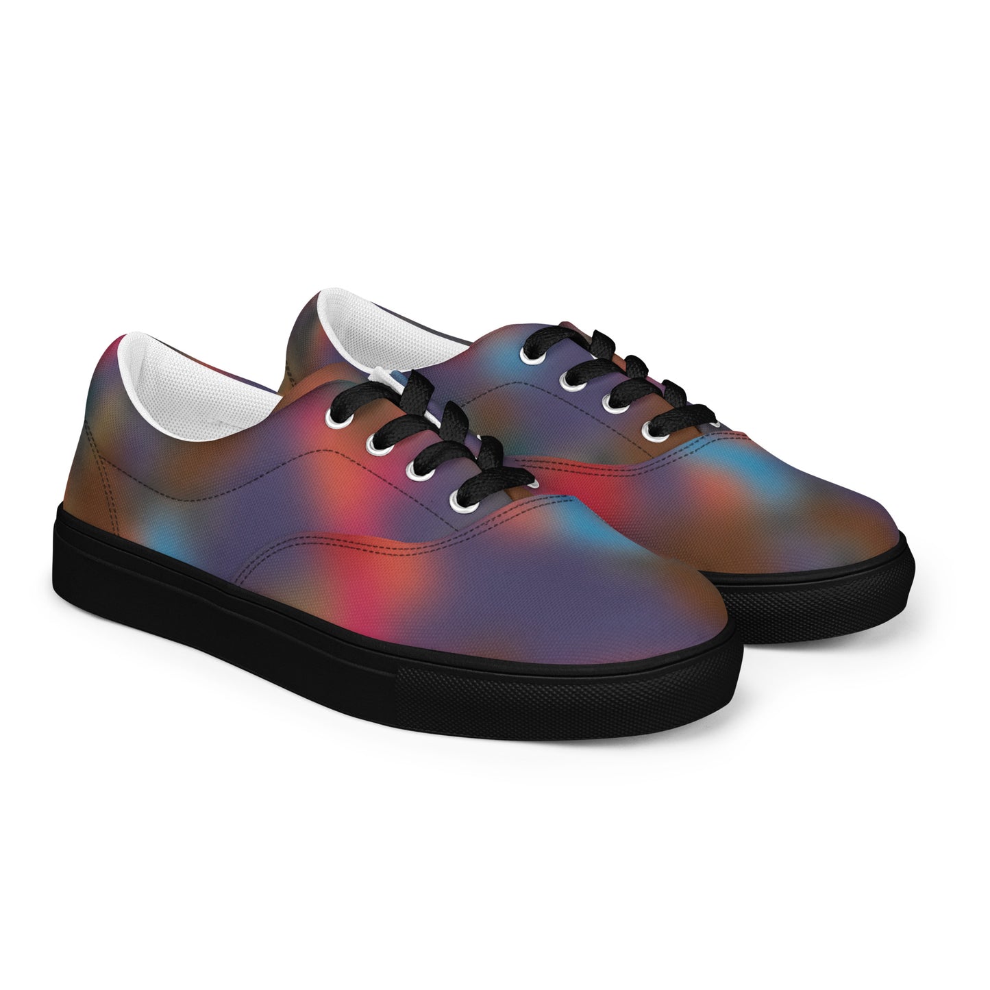 Women’s lace-up canvas shoes with black sole and black laces in a muted abstract blur design with purple blue red and brown tones