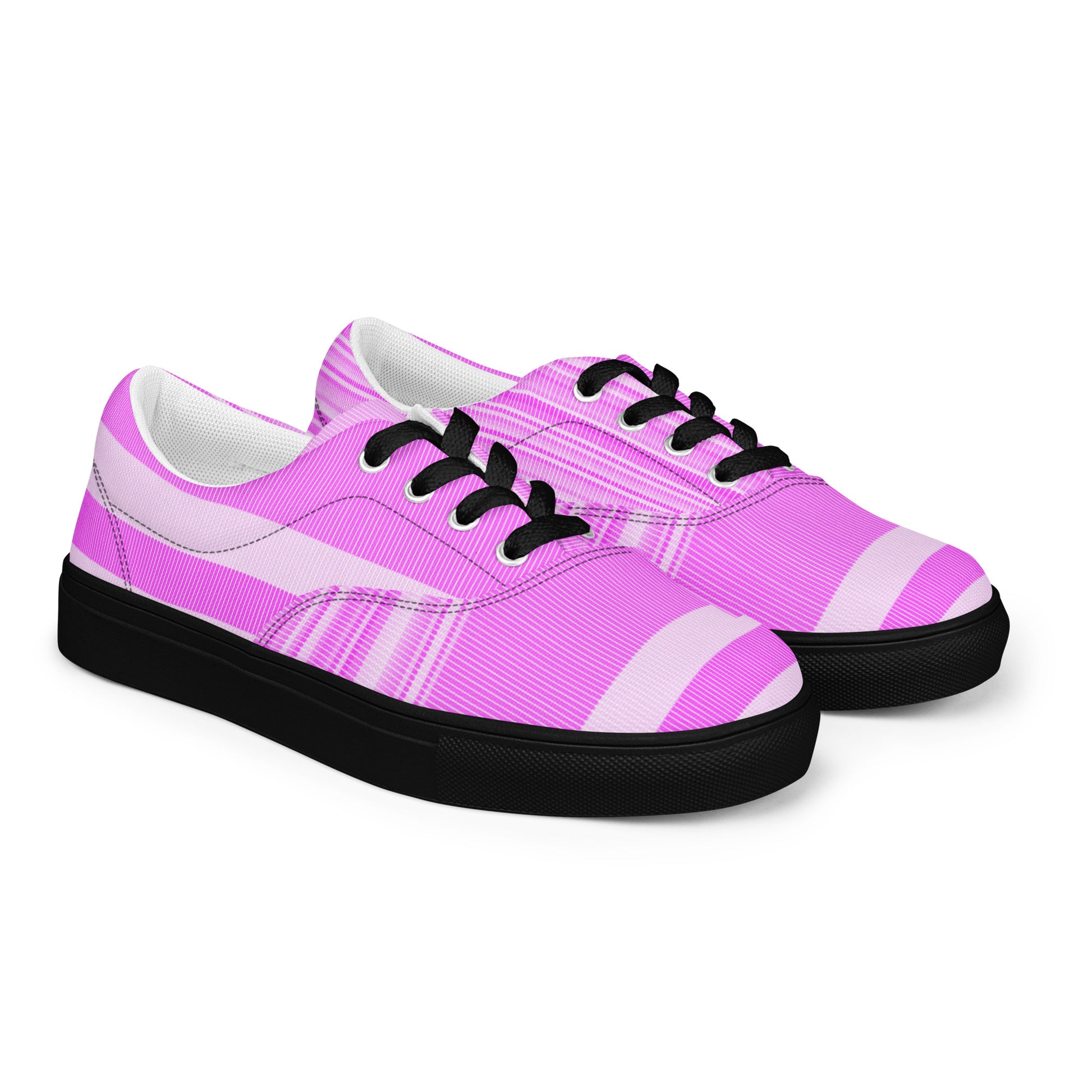 Women’s lace-up canvas shoes with black sole and black laces in bright pink stripe pattern with soft light pink accents