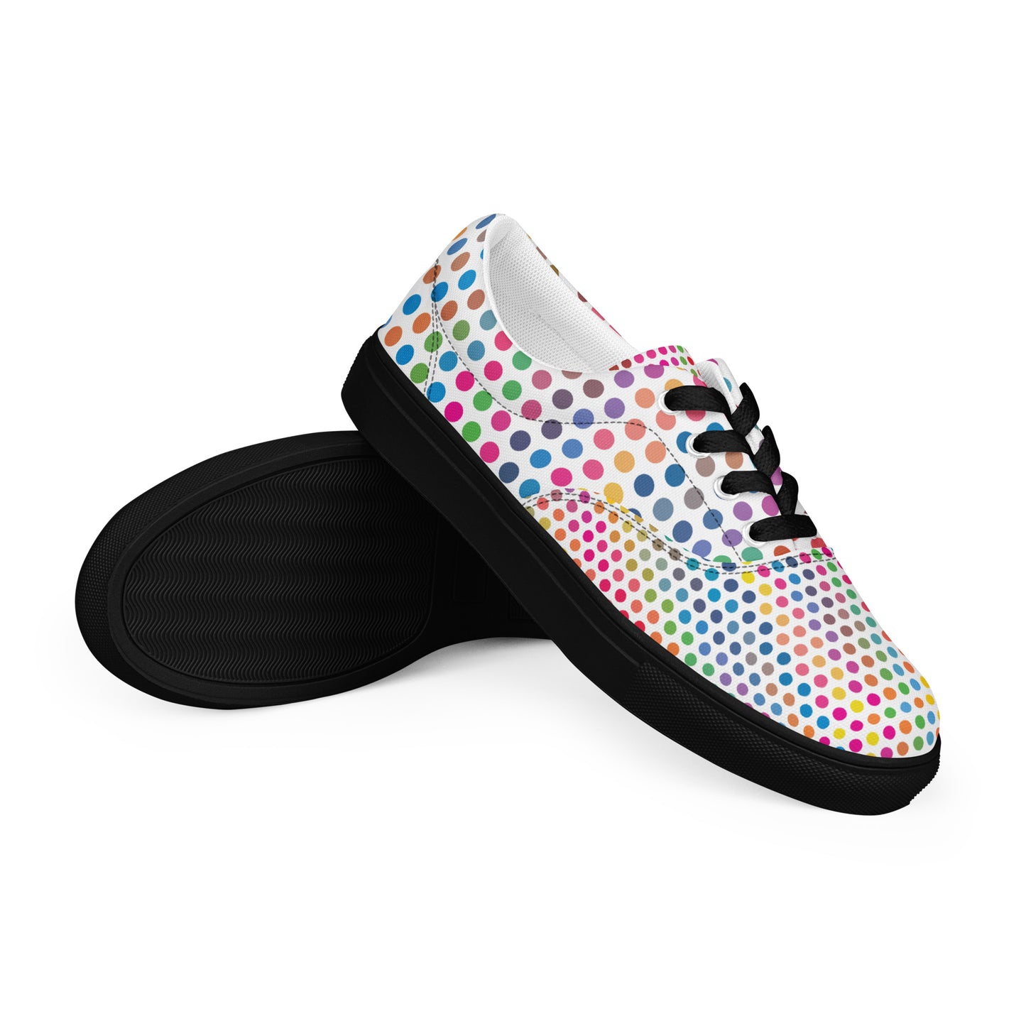 Women’s lace-up canvas shoes with black sole featuring multicolor dot pattern and black laces