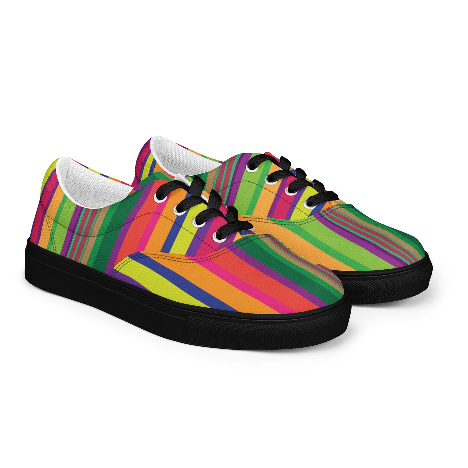 Women’s lace-up canvas shoes with black sole and colorful striped design in green, orange, pink, purple, and lime