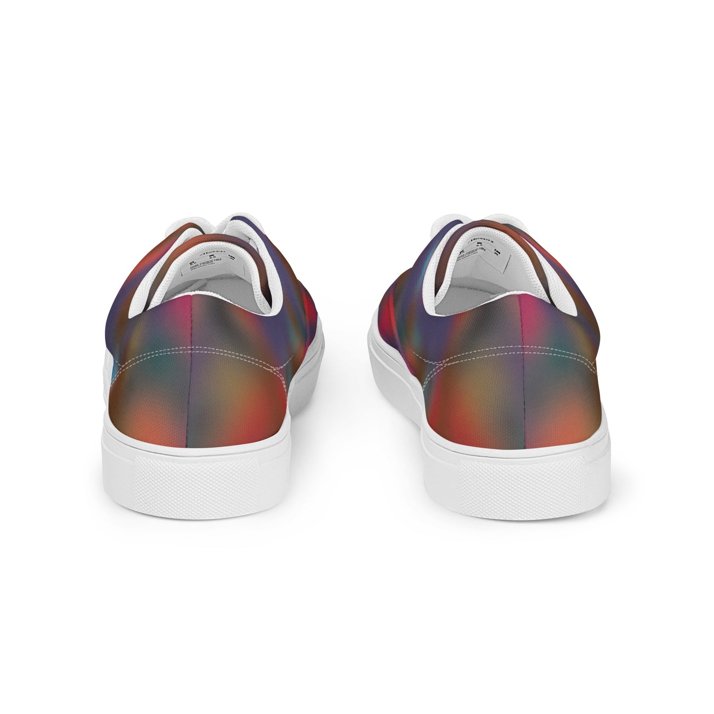 Rear view of women’s lace-up canvas shoes with white sole and muted blurred color design in purple red brown and blue tones