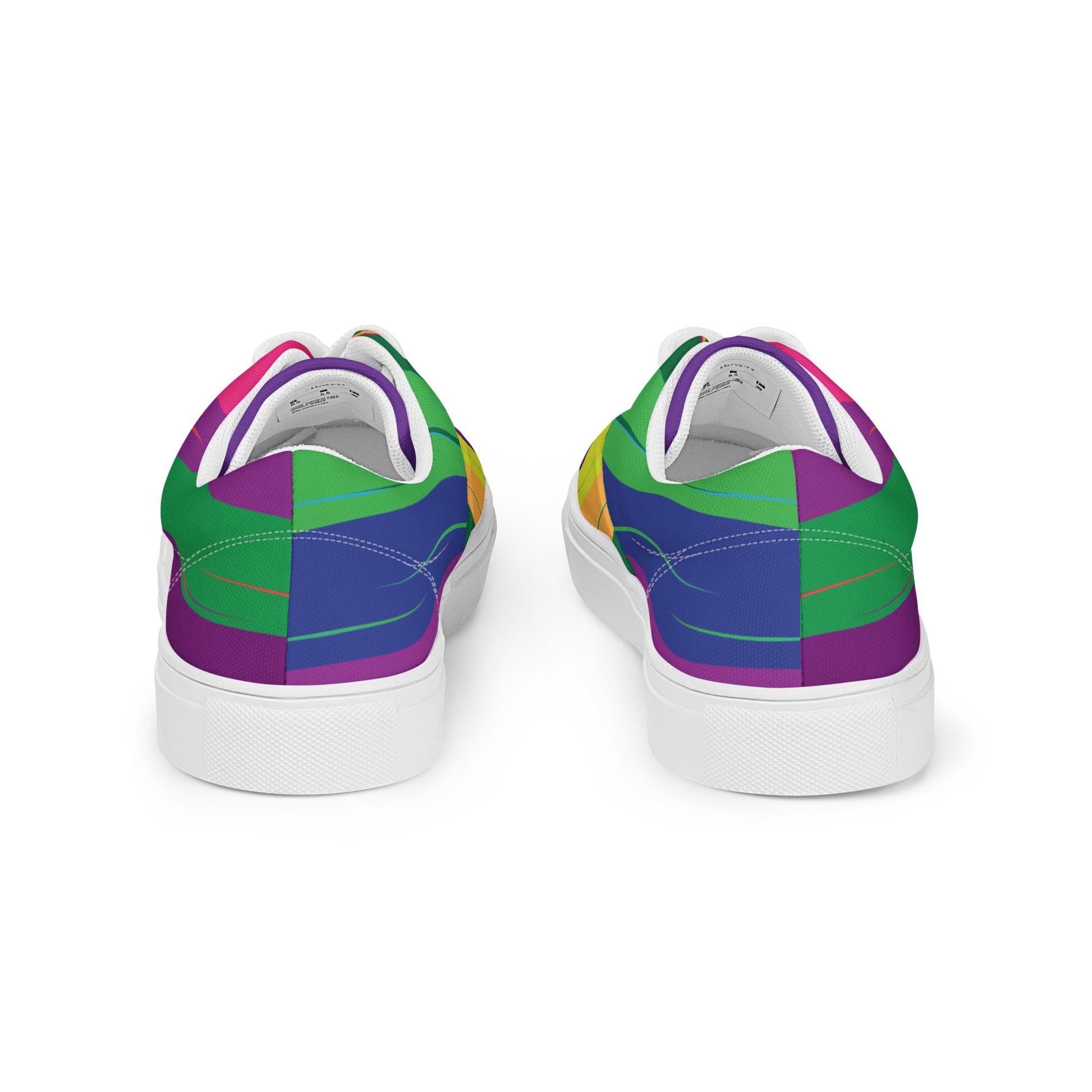 Rear view of women’s lace-up canvas shoes with multicolor flowing stripe pattern and white sole