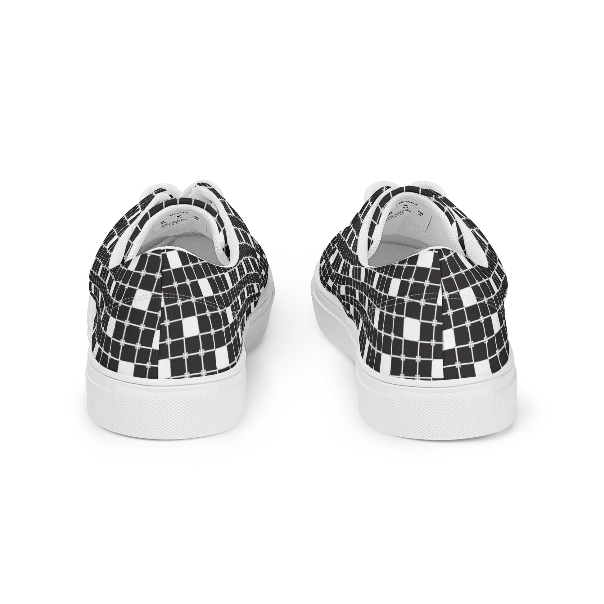 Back view of women’s lace-up canvas shoes with black-and-white grid pattern and white sole