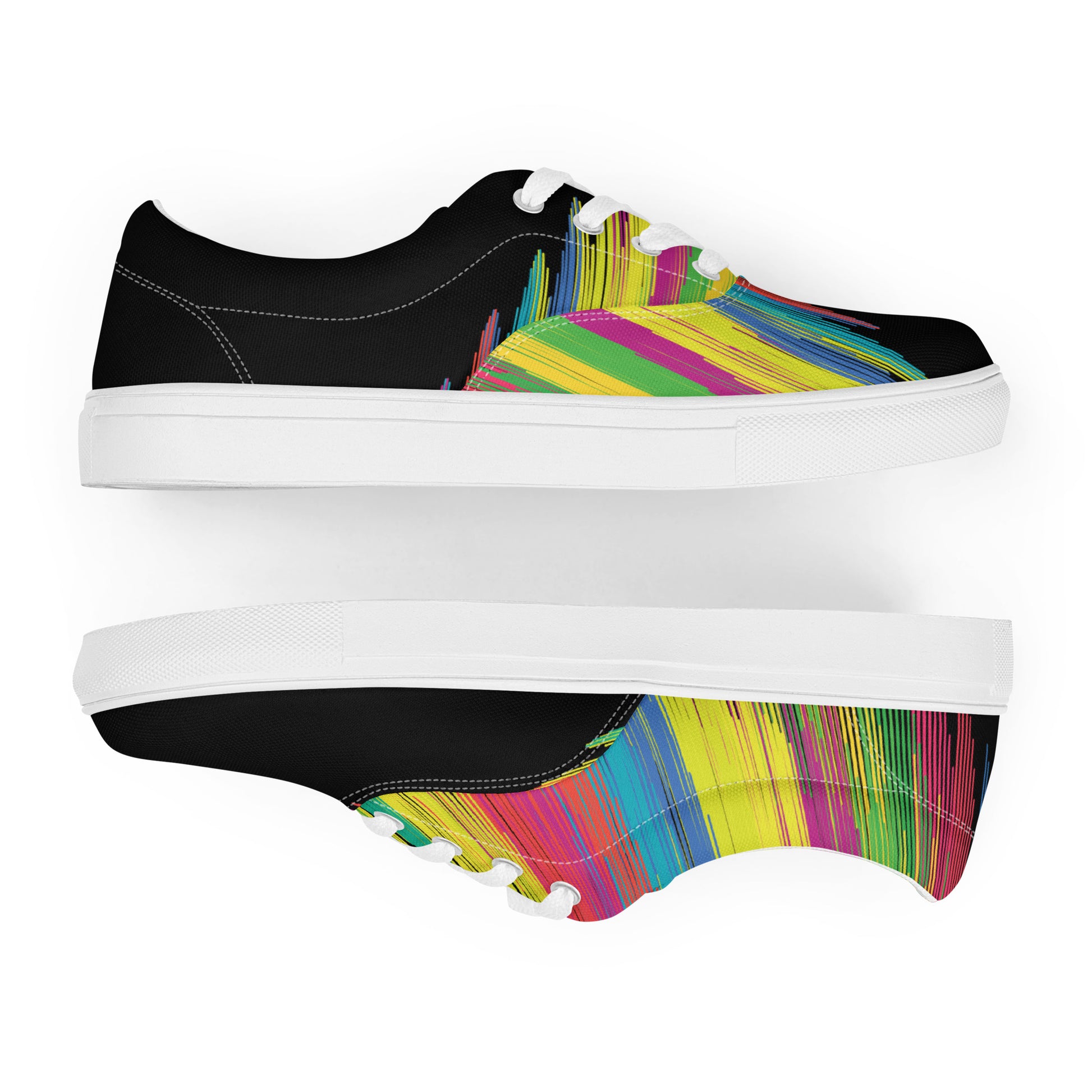 Alt text — slika 3
colorful women’s canvas lace-up shoes with vivid brush burst graphics and black toe area, side perspective