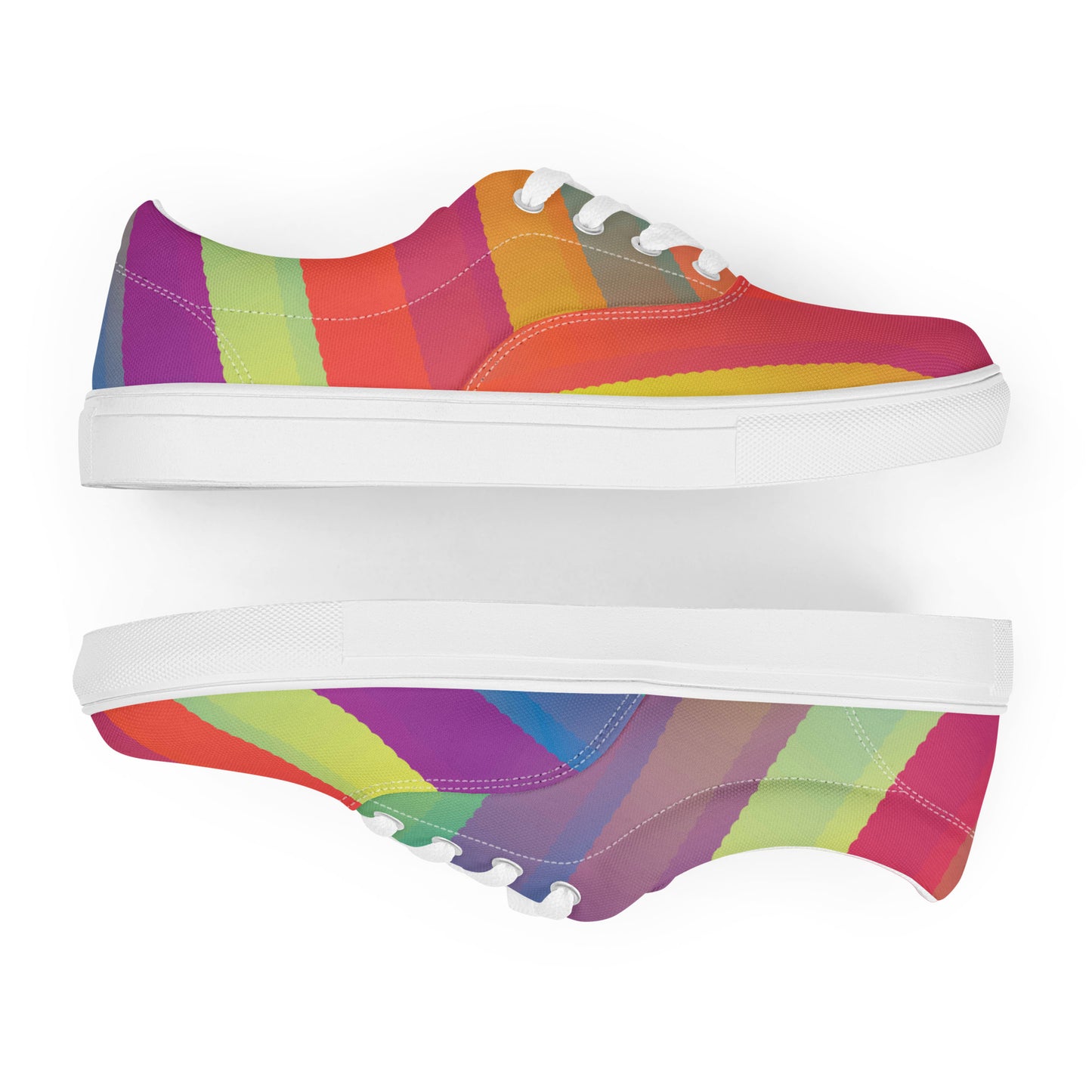 Women’s multicolor lace-up canvas shoe with white sole shown in side profile, featuring layered ribbon-like stripes in pink, orange, yellow, green, purple, and blue