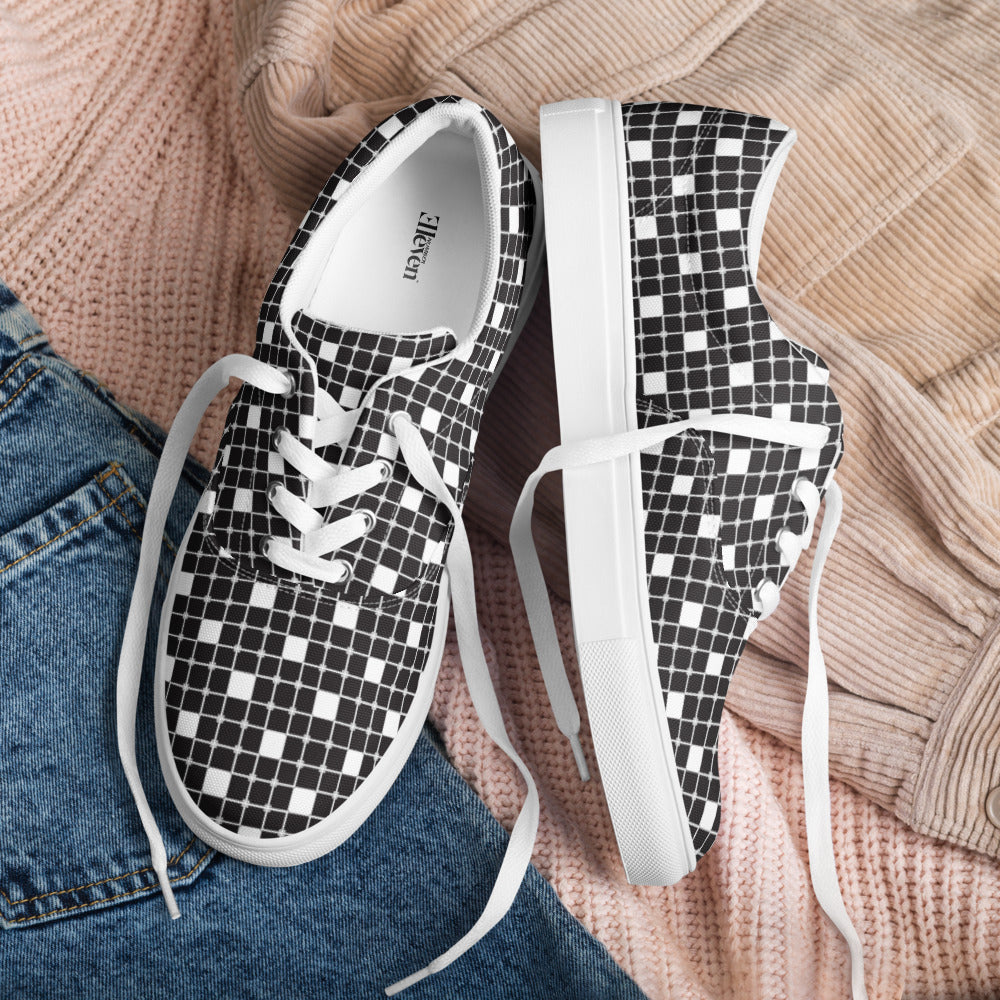 Monochrome Grid Flow Women’s Lace-Up Canvas Shoes