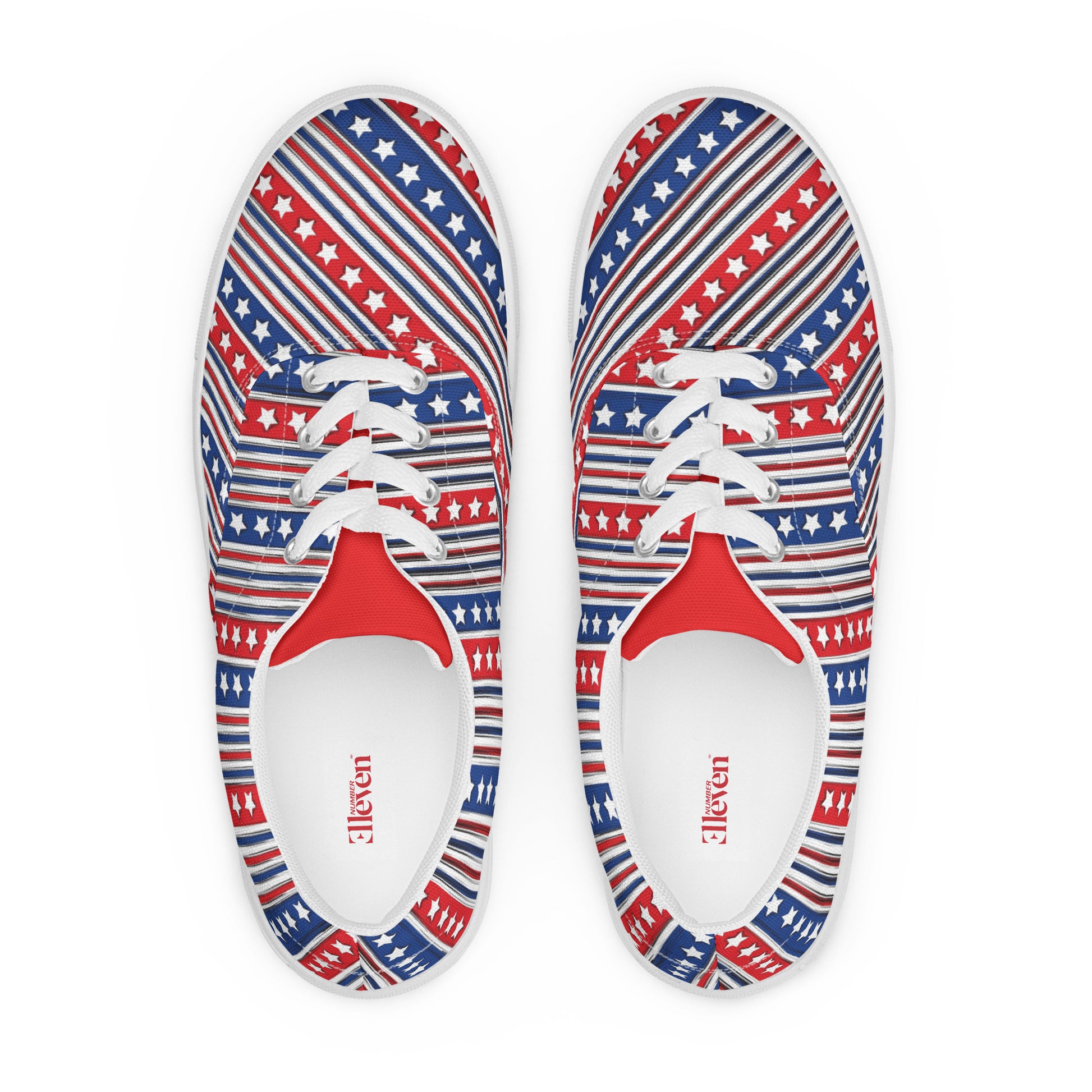 Top view of American star stripe women's lace-up canvas shoes with white laces and red white blue striped design