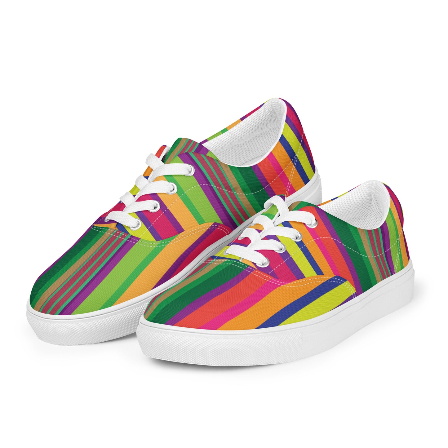 Women’s lace-up canvas shoes with white sole featuring vibrant multicolor stripe pattern