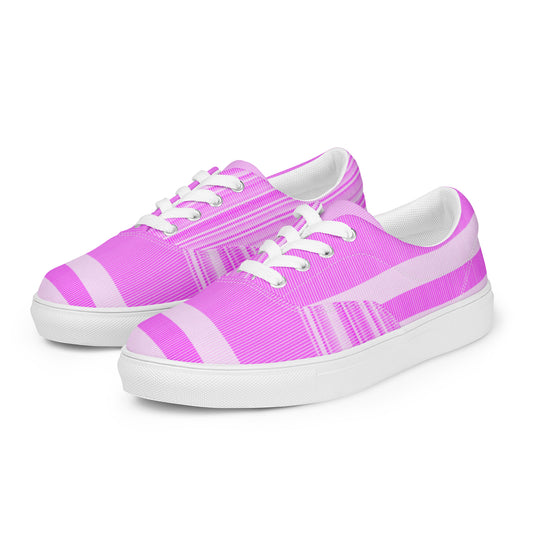 Women’s lace-up canvas shoes with white sole in bright pink stripe design with pale pink bands and fine linear texture
