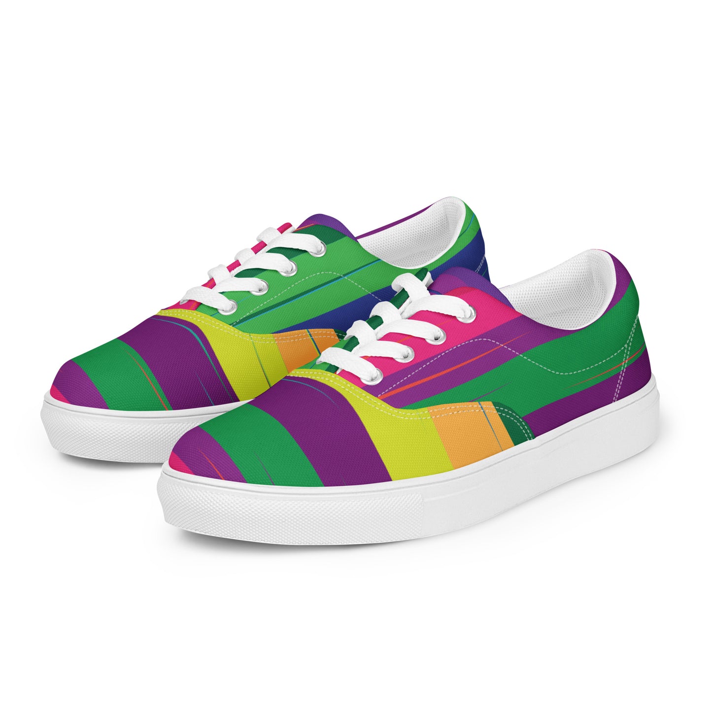 Women’s lace-up canvas shoes with bold green, purple, pink, yellow, and orange stripe pattern, white laces, and white sole angled side view