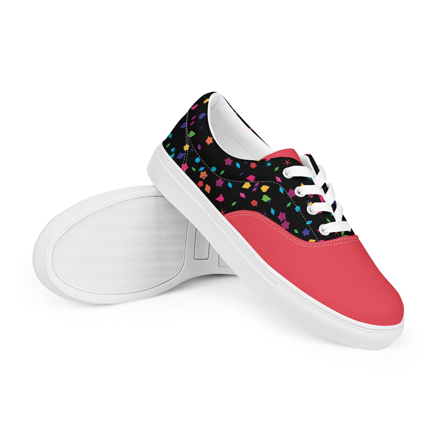Women’s lace-up canvas shoes with coral front and colorful confetti pattern, side view with white sole