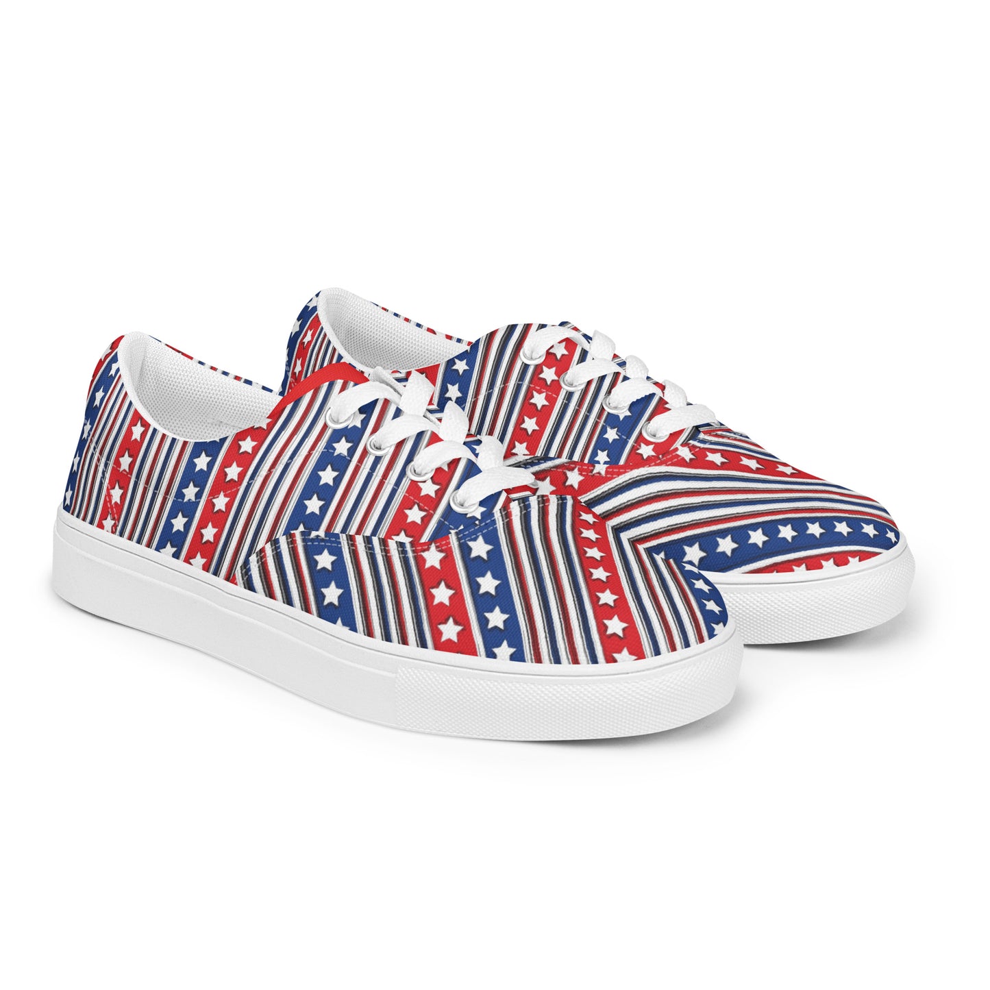 Front angled view of American star stripe women's lace-up canvas shoes with red white blue vertical pattern and white sole