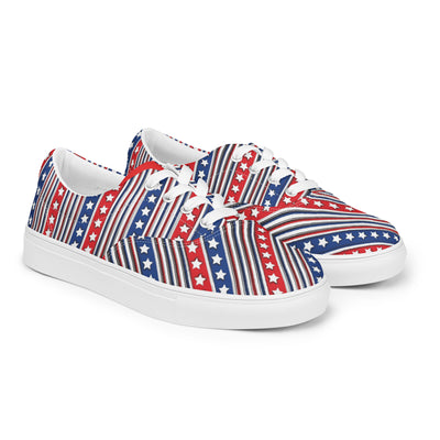 Front angled view of American star stripe women's lace-up canvas shoes with red white blue vertical pattern and white sole